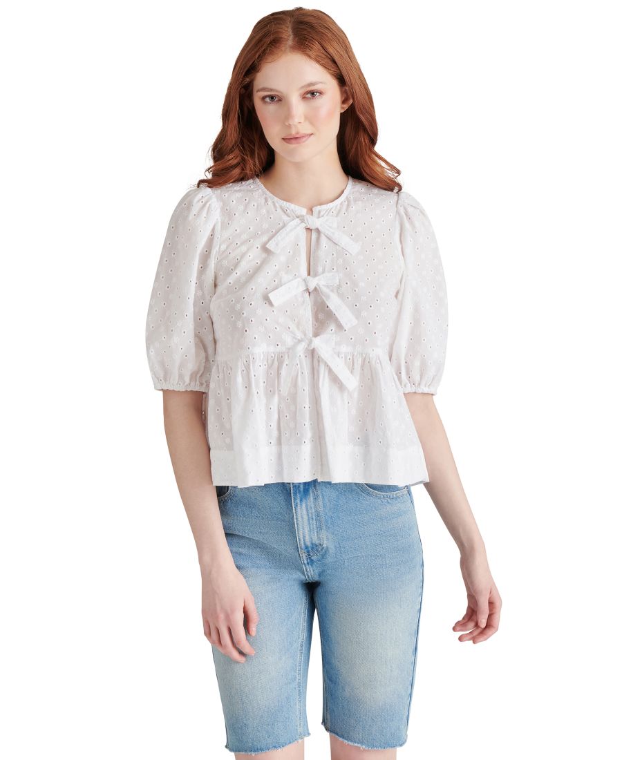 Женская хлопковая блузка Paula с перфорацией и завязками спереди Steve Madden, White
Женская хлопковая блузка Paula с перфорацией и завязками спереди Steve Madden, White