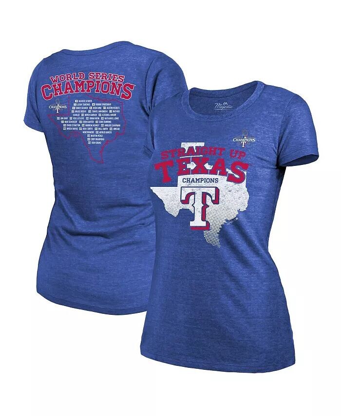 Женские темы Royal Texas Rangers 2023 World Series Champions Local Ground Rules Roster Tri-Blend Футболка Majestic
Женские темы Royal Texas Rangers 2023 World Series Champions Local Ground Rules Roster Tri-Blend Футболка Majestic