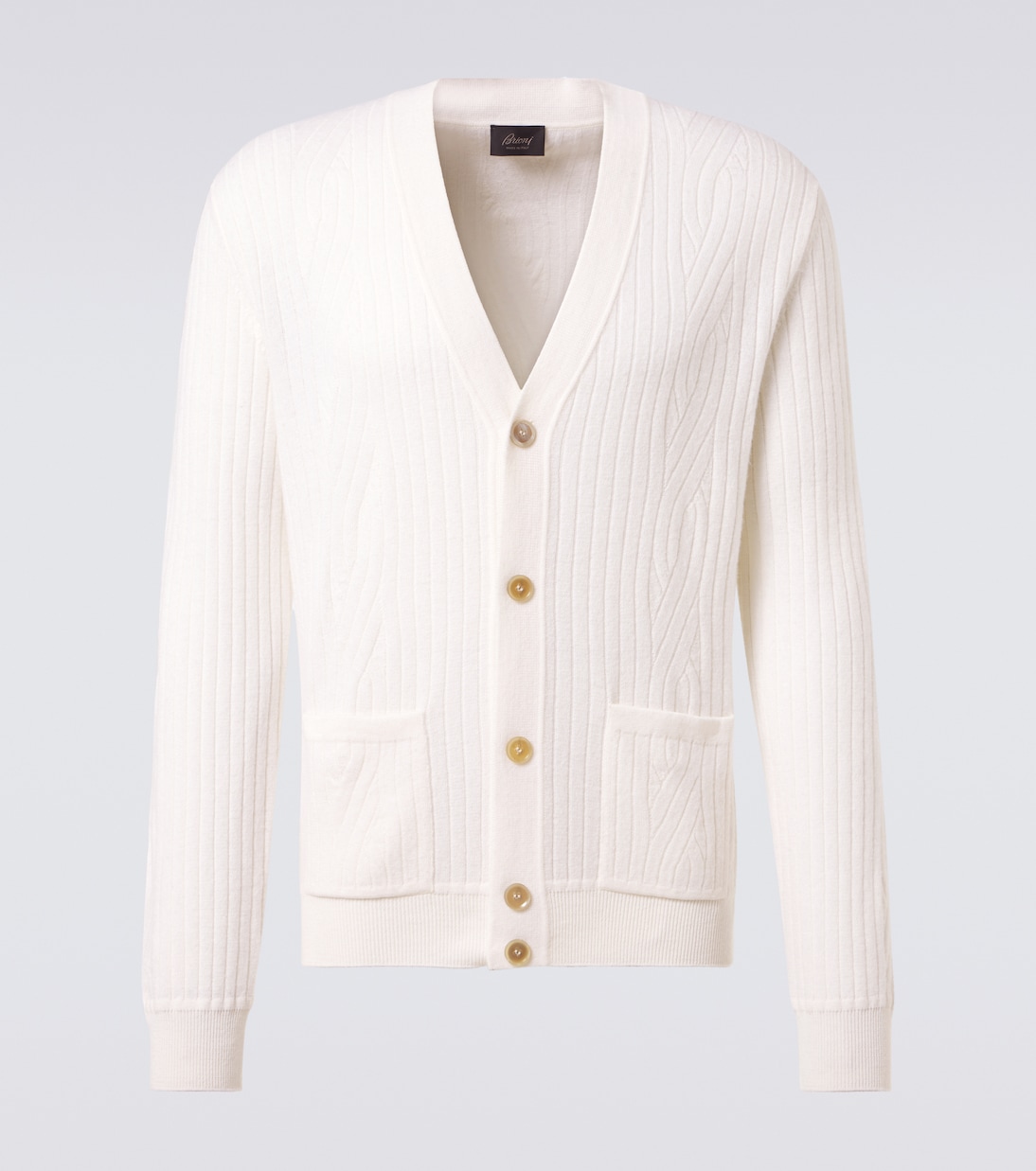 Кардиган из шерсти и кашемира с рельефной вязкой Brioni, белый
Кардиган из шерсти и кашемира с рельефной вязкой Brioni, белый