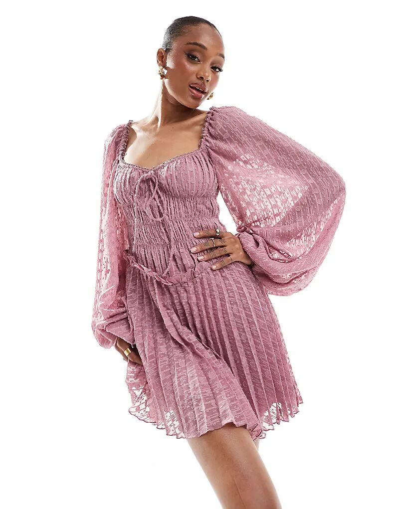 Платье мини-платье с длинными рукавами и складками ASOS DESIGN в цвете «молочник» темно-розового цвета