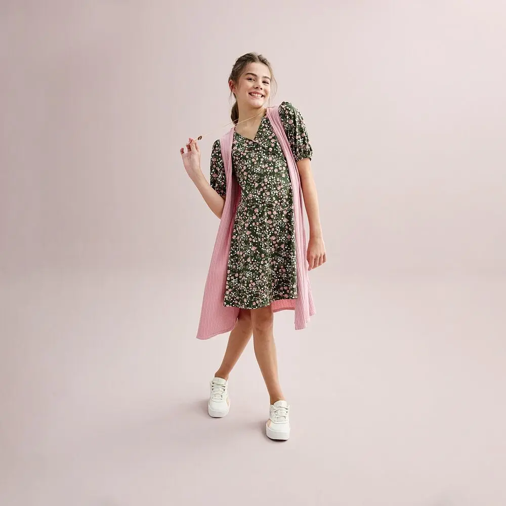 Комплект из 2 предметов Knit Works для девочек 7–16 лет: платье с запахом спереди, жилет с ожерельем, цвет Olive