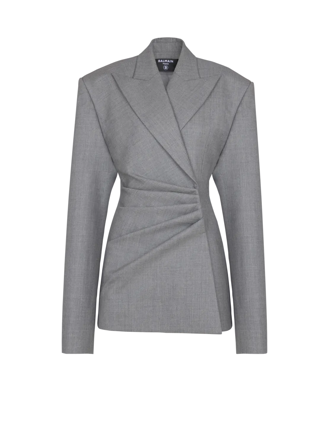 Короткое платье-пиджак из драпированной шерсти Balmain, серый
Короткое платье-пиджак из драпированной шерсти Balmain, серый