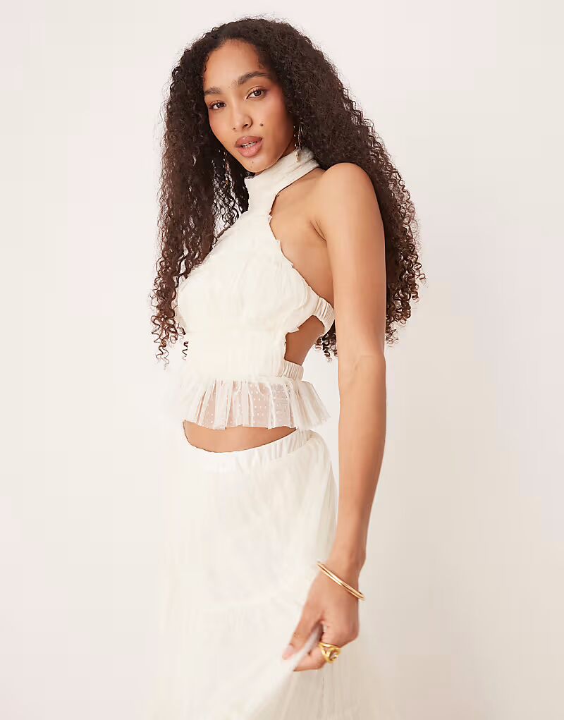 Топ с открытой спиной и сборками Lace & Beads цвета слоновой кости 
Топ с открытой спиной и сборками Lace & Beads цвета слоновой кости