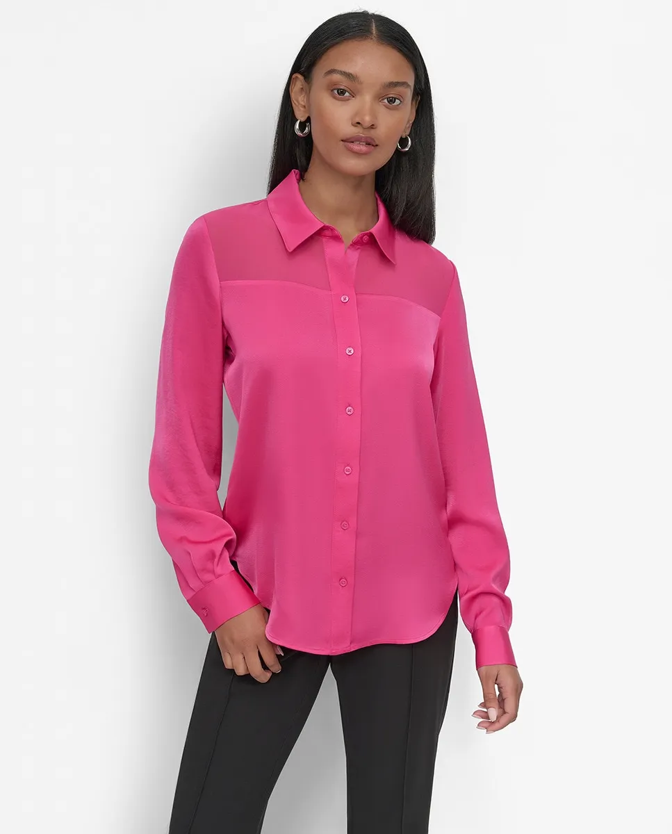 Женская блузка из смесовой ткани с пуговицами спереди и длинными рукавами DKNY, фуксия
Женская блузка из смесовой ткани с пуговицами спереди и длинными рукавами DKNY, фуксия