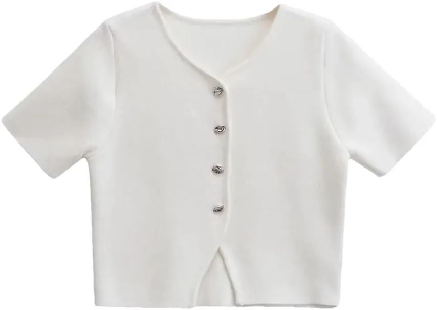 Женский топ с круглым вырезом и пуговицами белый вязаный короткий рукав
Женский топ с круглым вырезом и пуговицами белый вязаный короткий рукав