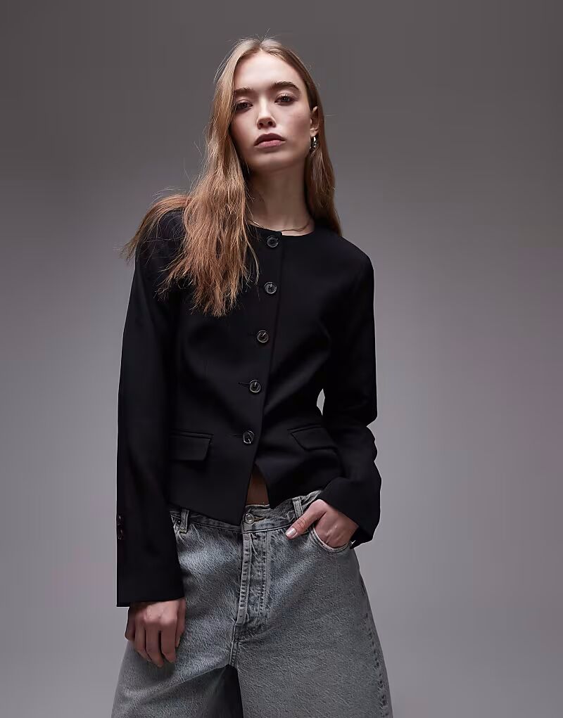 Пиджак с круглым вырезом и без воротника, черный Topshop
Пиджак с круглым вырезом и без воротника, черный Topshop