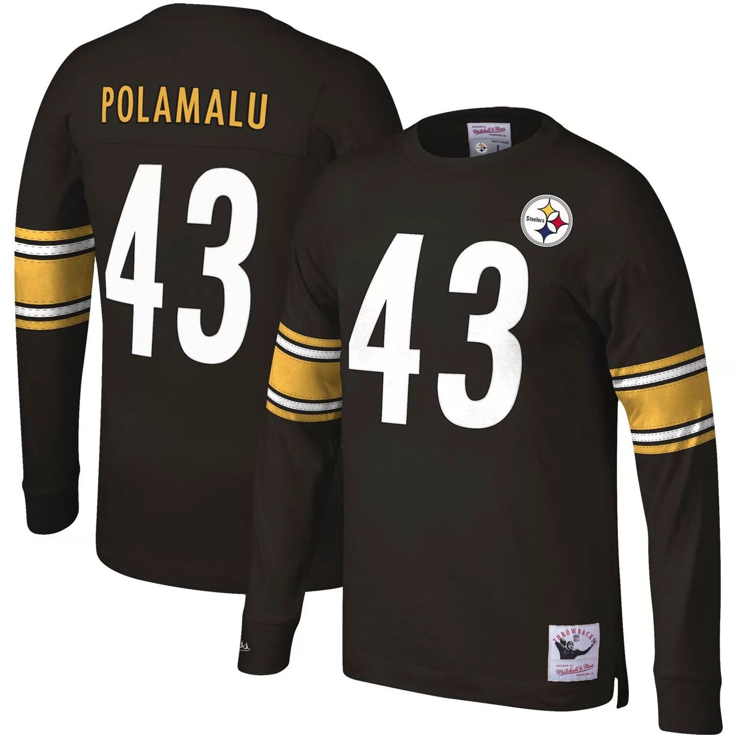 Мужская футболка Mitchell & Ness Troy Polamalu Black Pittsburgh Steelers Throwback с именем и номером игрока в отставке с длинными рукавами
Мужская футболка Mitchell & Ness Troy Polamalu Black Pittsburgh Steelers Throwback с именем и номером игрока в отставке с длинными рукавами