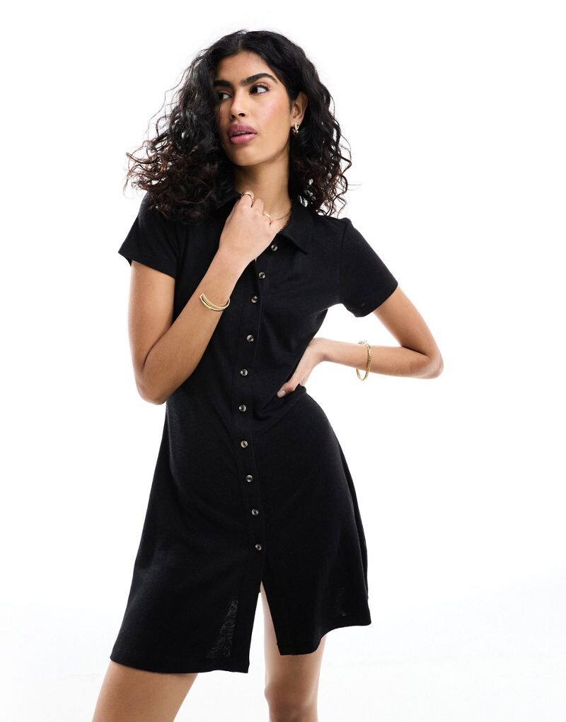 Короткое черное повседневное платье с эффектом льна ASOS DESIGN с пуговицами спереди и воротником