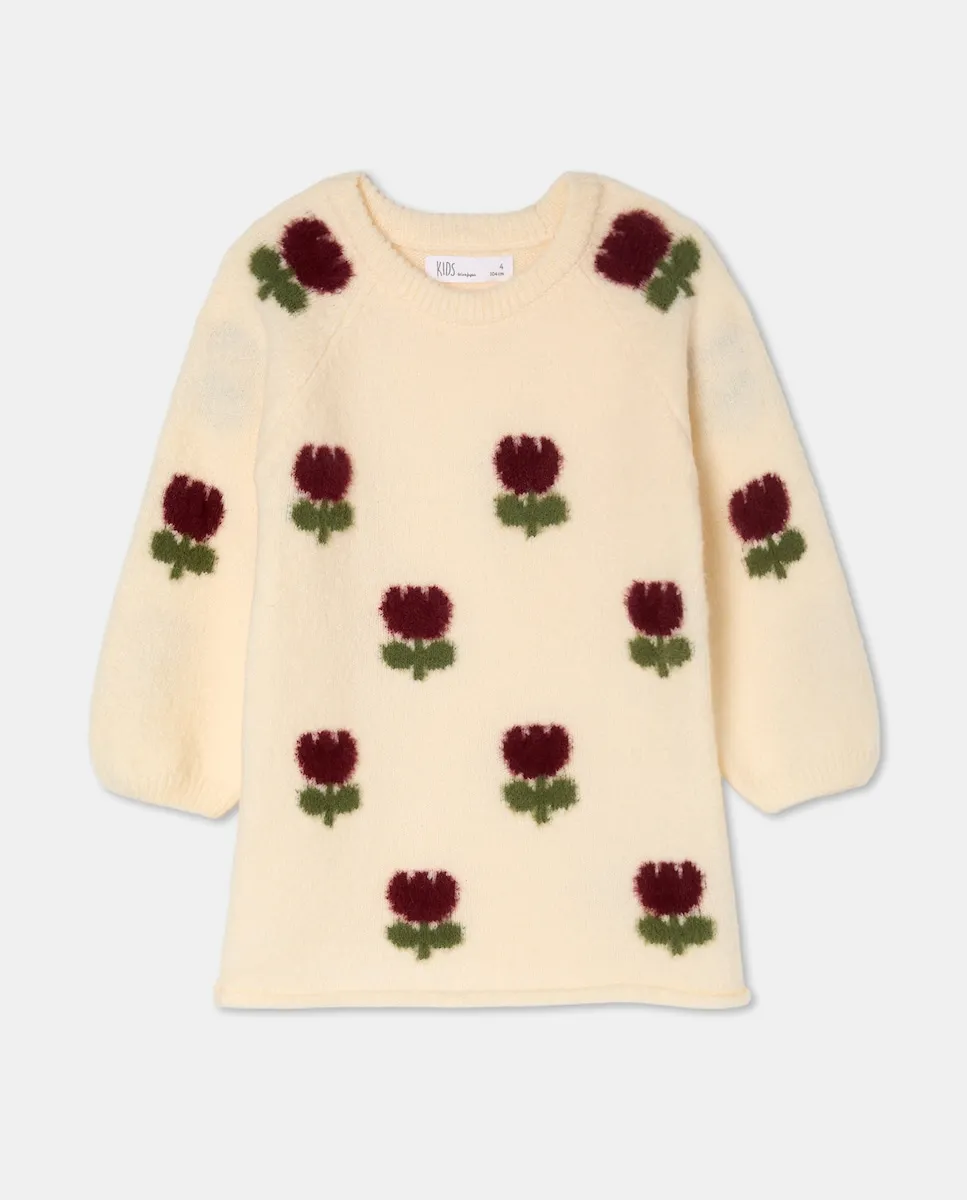 Вязаное платье с принтом по всей поверхности и интарсией с тюльпанами для девочки Kids El Corte Inglés, белый