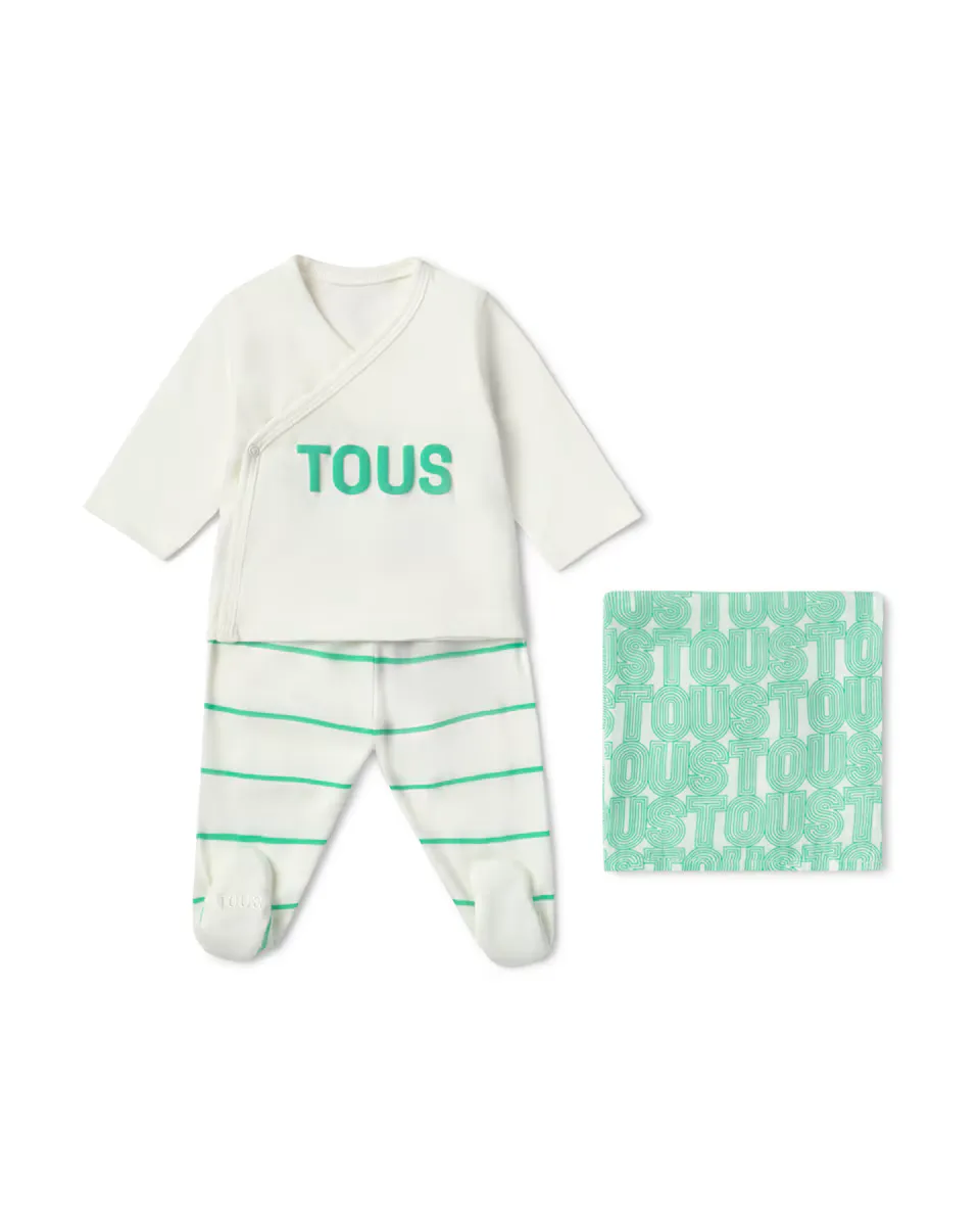 Комплект для новорожденных из полосатого и однотонного хлопка Tous, зеленый 
Комплект для новорожденных из полосатого и однотонного хлопка Tous, зеленый