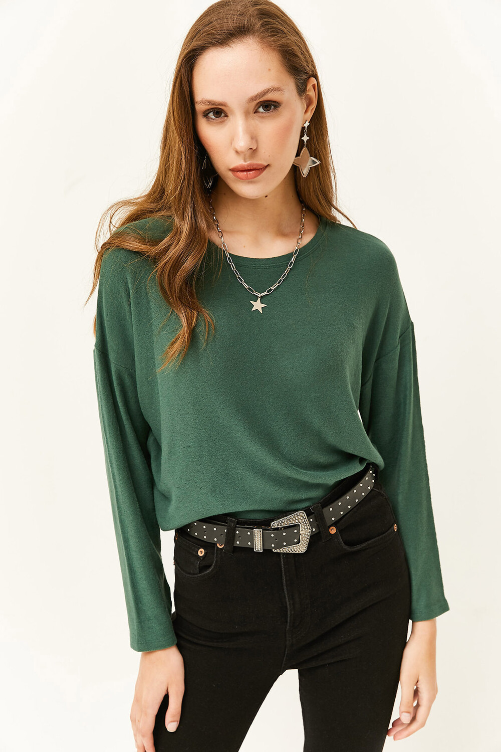 Женская темно-зеленая блузка с круглым вырезом «летучая мышь» с мягкой текстурой Olalook, зеленый 
Женская темно-зеленая блузка с круглым вырезом «летучая мышь» с мягкой текстурой Olalook, зеленый