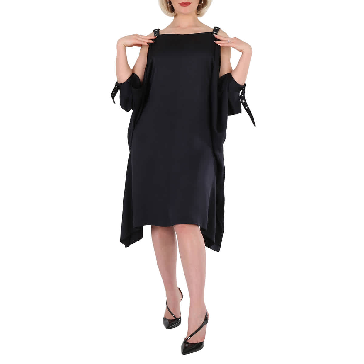 Burberry Женское черное платье из шелка с ремешками и принтом 
Burberry Женское черное платье из шелка с ремешками и принтом