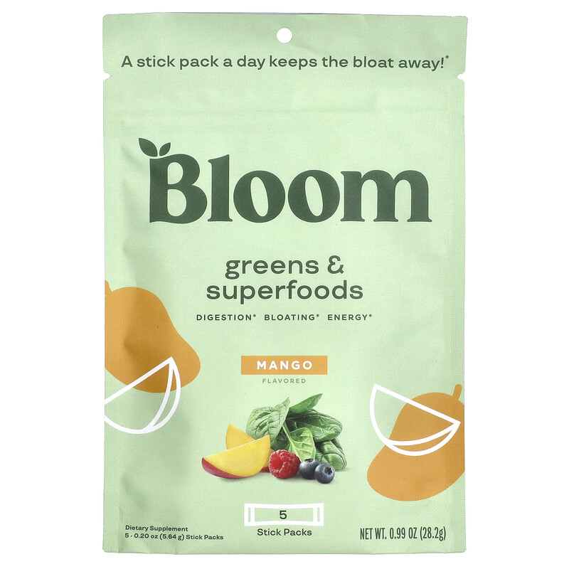 Bloom, Greens & Superfoods, манго, 5 пакетиков по 5,64 г (0,20 унции)
Bloom, Greens & Superfoods, манго, 5 пакетиков по 5,64 г (0,20 унции)