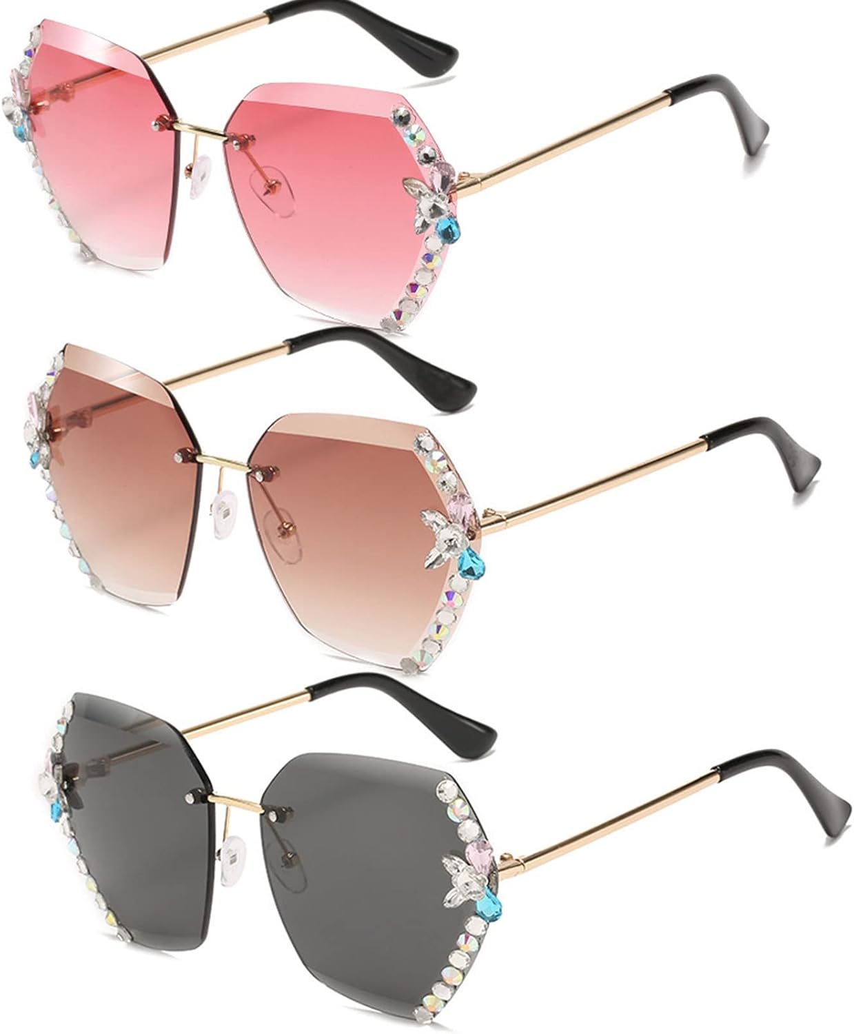 Солнцезащитные очки Willochra для женщин без оправы с бриллиантами, увеличенные солнцезащитные очки без оправы с градиентными линзами с алмазной огранкой и защитой от УФ-излучения, 3pcs-black&brown&pink
Солнцезащитные очки Willochra для женщин без оправы с бриллиантами, увеличенные солнцезащитные очки без оправы с градиентными линзами с алмазной огранкой и защитой от УФ-излучения, 3pcs-black&brown&pink