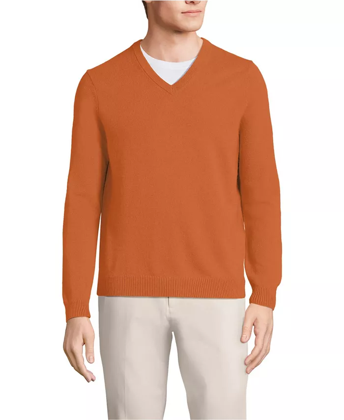 Мужской тонковязаный свитер с V-образным вырезом из кашемира Lands' End, оранжевый 
Мужской тонковязаный свитер с V-образным вырезом из кашемира Lands' End, оранжевый