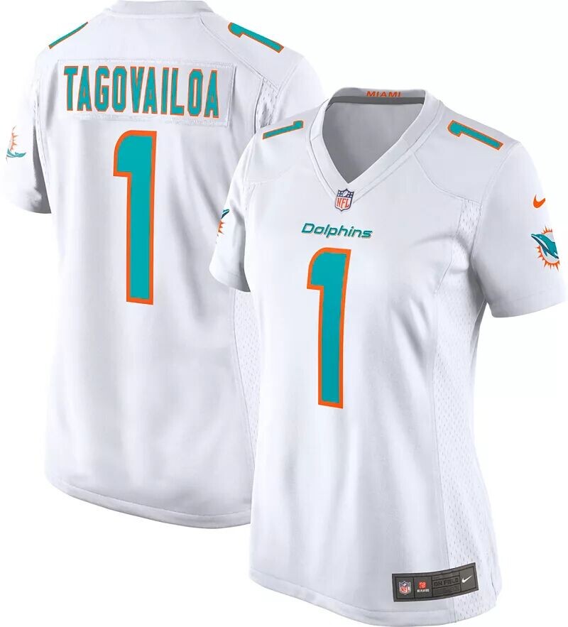 Женская белая игровая майка Nike Miami Dolphins Tua Tagovailoa #1 
Женская белая игровая майка Nike Miami Dolphins Tua Tagovailoa #1
