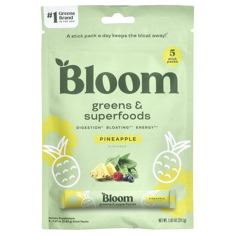 Bloom, Greens & Superfoods, ананас, 5 пакетиков в стиках по 5,82 г (0,21 унции)
Bloom, Greens & Superfoods, ананас, 5 пакетиков в стиках по 5,82 г (0,21 унции)