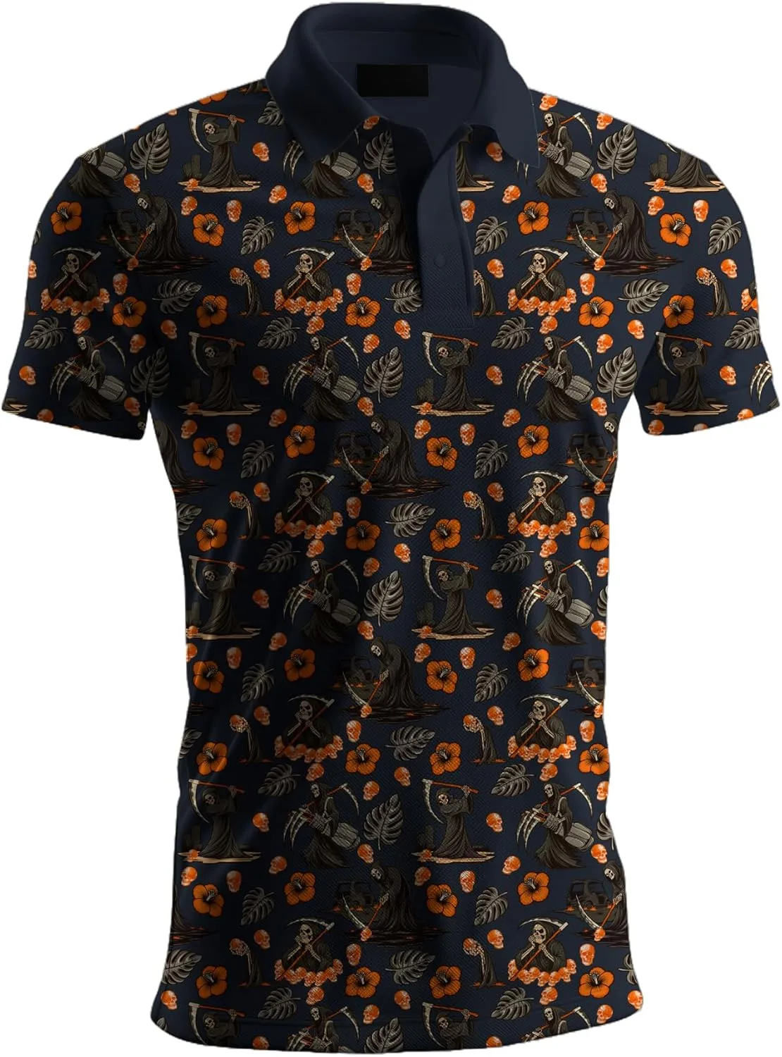 Мужская поло для гольфа, Reaper & Floral Pattern, синяя, с коротким рукавом, Moisture-Wicking Polyester Spandex Unruly Outfitters
Мужская поло для гольфа, Reaper & Floral Pattern, синяя, с коротким рукавом, Moisture-Wicking Polyester Spandex Unruly Outfitters