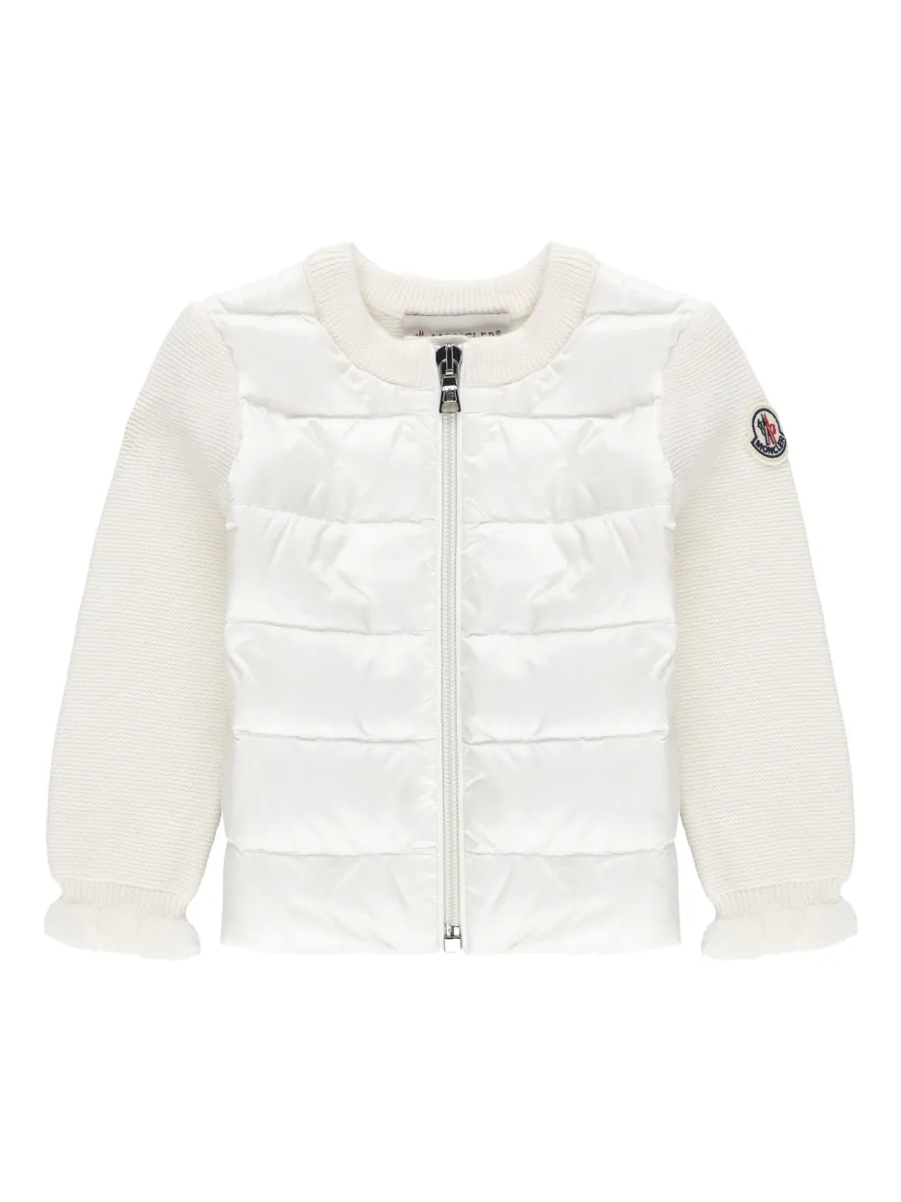 Кардиган с оборками и нашивкой-логотипом Moncler Enfant, белый
Кардиган с оборками и нашивкой-логотипом Moncler Enfant, белый