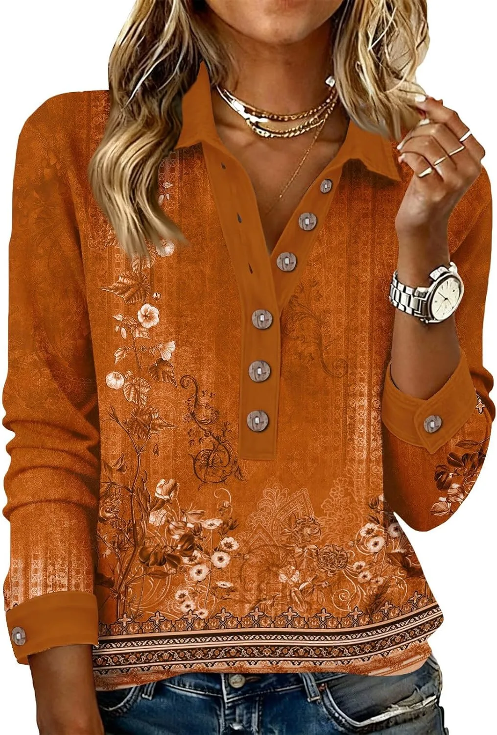 Женская футболка с длинным рукавом и принтом, V-образным вырезом и пуговицами
Женская футболка с длинным рукавом и принтом, V-образным вырезом и пуговицами