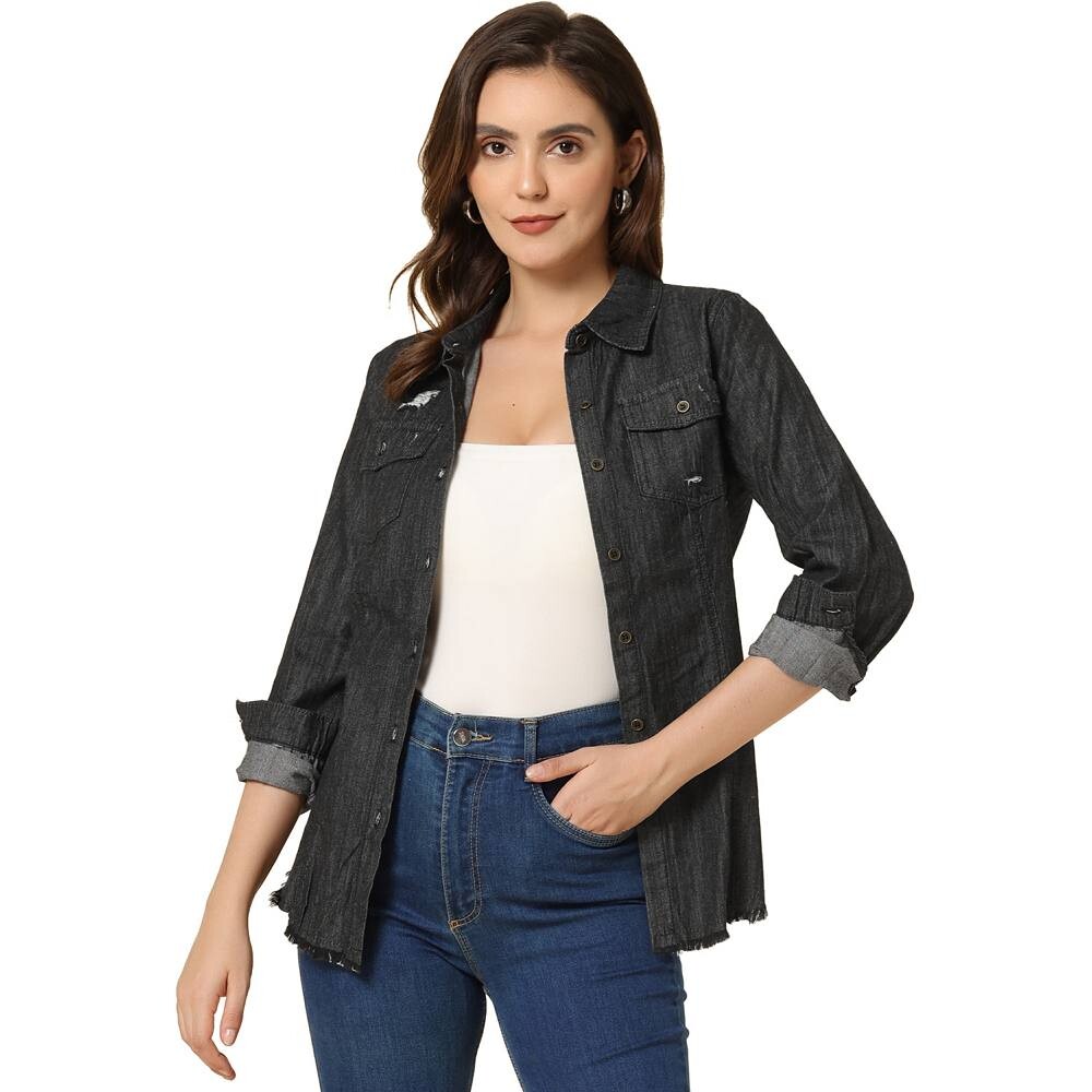 Женская джинсовая рубашка с острым воротником и длинными рукавами, с необработанным краем и пуговицами ALLEGRA K, черный
Женская джинсовая рубашка с острым воротником и длинными рукавами, с необработанным краем и пуговицами ALLEGRA K, черный