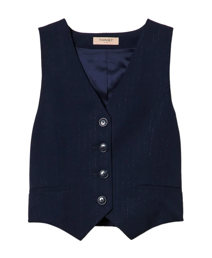 Полосатый жилет из люрексовой пряжи Twinset, синий
Полосатый жилет из люрексовой пряжи Twinset, синий