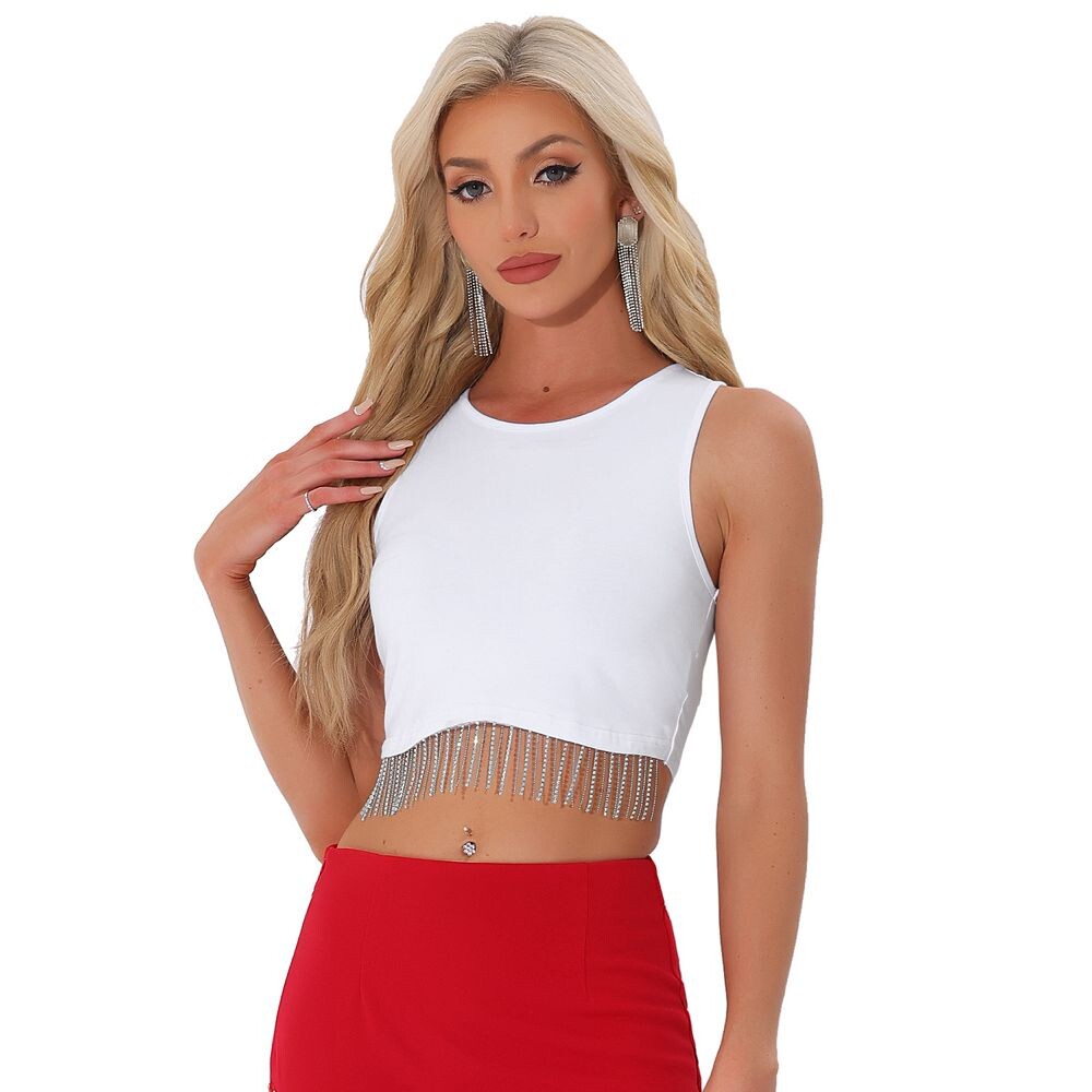 Укороченные топы для вечеринок для женщин, укороченный топ без рукавов со стразами и бахромой, круглый вырез ALLEGRA K, белый