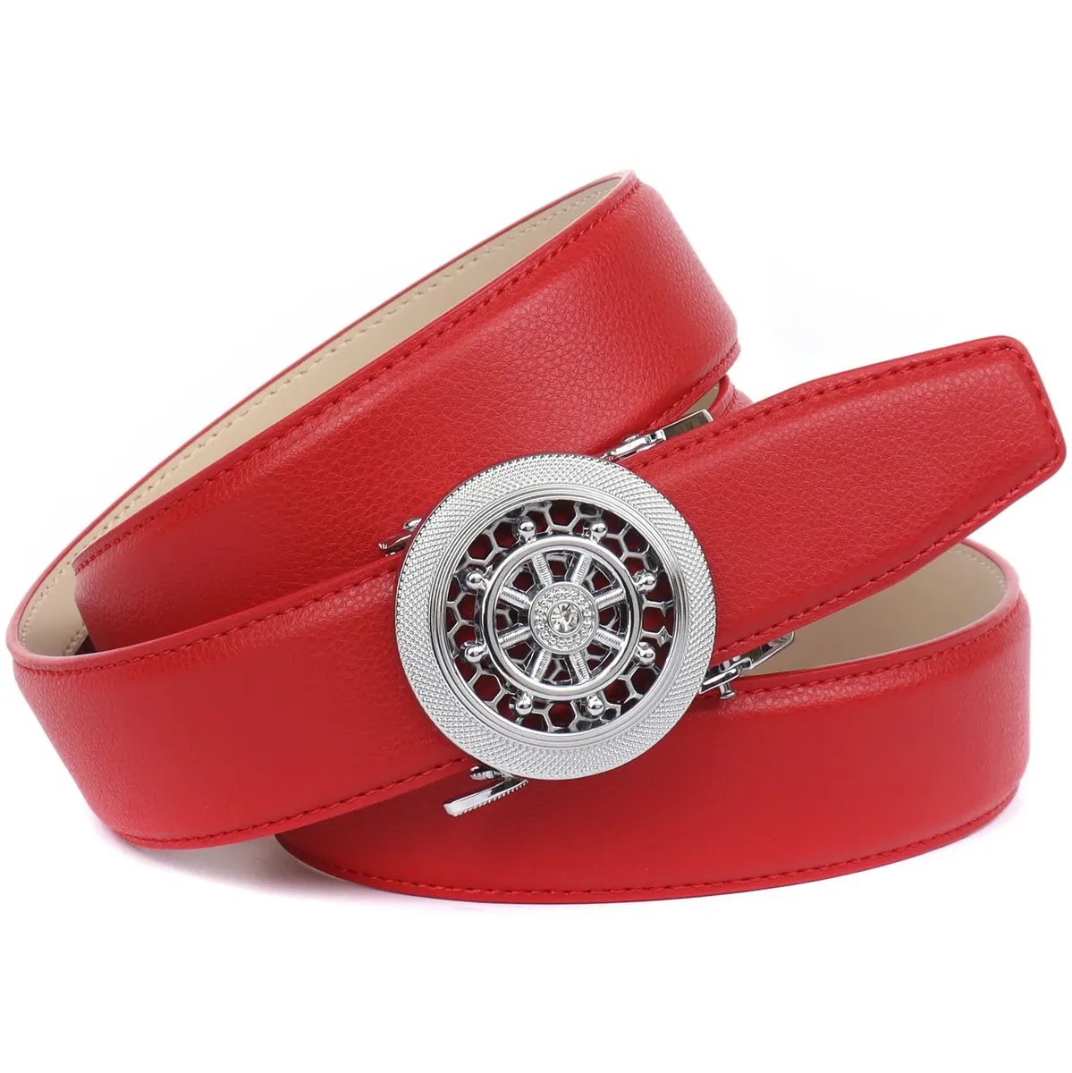 Кожаный ремень Anthoni Crown с автоматической застежкой серебристого цвета и вращающимся рулем, красный
Кожаный ремень Anthoni Crown с автоматической застежкой серебристого цвета и вращающимся рулем, красный