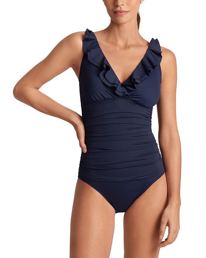 Купальник цельный с рюшами Beach Club Ralph Lauren, синий 
Купальник цельный с рюшами Beach Club Ralph Lauren, синий