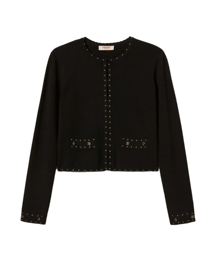 Черное вязаное пальто с ажурной отделкой Twinset, черный
Черное вязаное пальто с ажурной отделкой Twinset, черный