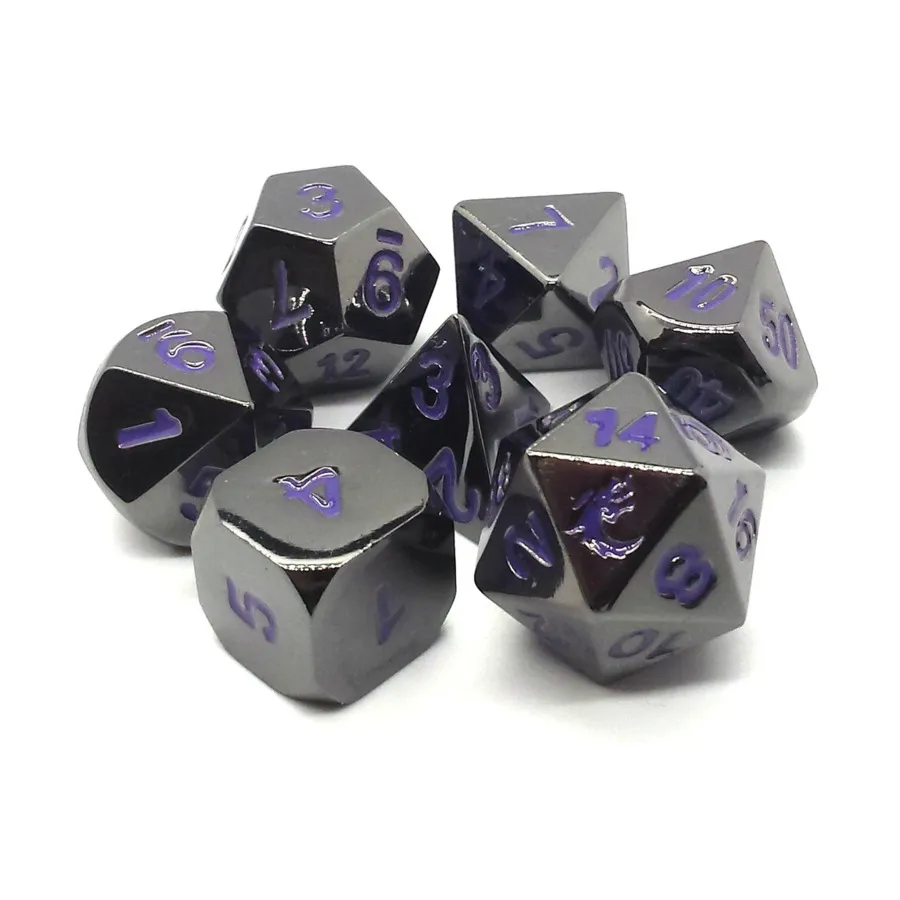 Набор Poly — черный никель с фиолетовым (7), Metal Dice - Halfling Forged
Набор Poly — черный никель с фиолетовым (7), Metal Dice - Halfling Forged