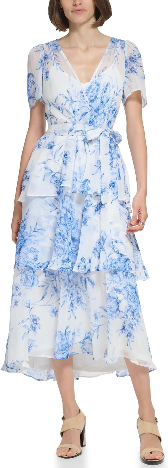 Платье Calvin Klein Midi Chiffon Dress with Pleated Skirt, цвет Chambray Multi 
Платье Calvin Klein Midi Chiffon Dress with Pleated Skirt, цвет Chambray Multi