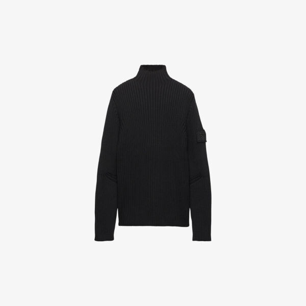 Джемпер из шерстяной трикотажной пряжи с треугольным логотипом и высоким воротом Prada, черный
Джемпер из шерстяной трикотажной пряжи с треугольным логотипом и высоким воротом Prada, черный
