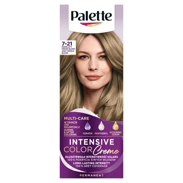 Краска для волос 7-21 пепельно-средний блондин, 1 упаковка. Palette Intensive color creme, цвет 7-21 popielaty średni blond 
Краска для волос 7-21 пепельно-средний блондин, 1 упаковка. Palette Intensive color creme, цвет 7-21 popielaty średni blond