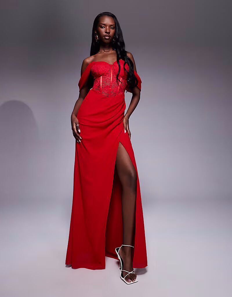 Платье макси Goddiva из фестончатого кружева и шифона с крылышками и корсетом красного цвета
Платье макси Goddiva из фестончатого кружева и шифона с крылышками и корсетом красного цвета