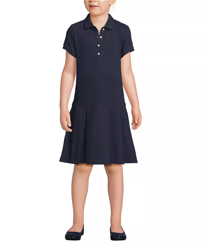 Школьное платье-поло для девочек с коротким рукавом, сетчатое, плиссированное Lands' End, синий