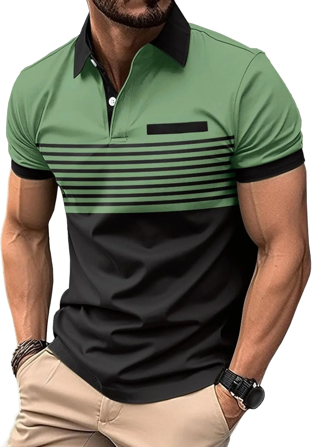 Мужская поло с воротником на пуговицах, Regular Fit, полосатая, с карманом
Мужская поло с воротником на пуговицах, Regular Fit, полосатая, с карманом