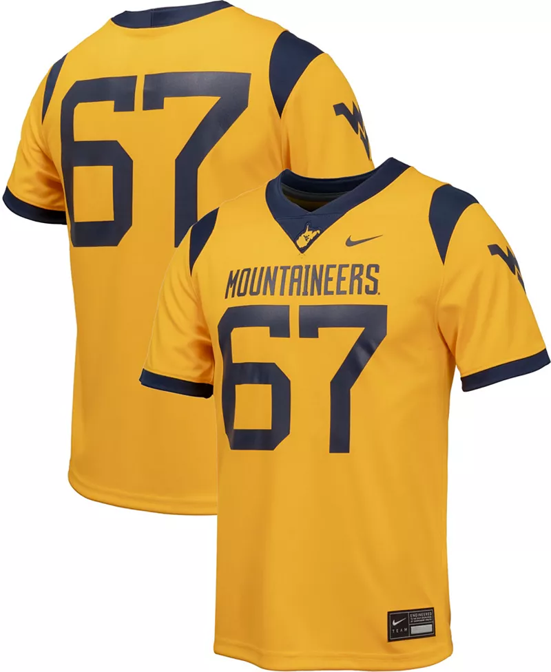Золотая альтернативная футбольная майка Nike Youth West Virginia Mountaineers # 67
Золотая альтернативная футбольная майка Nike Youth West Virginia Mountaineers # 67