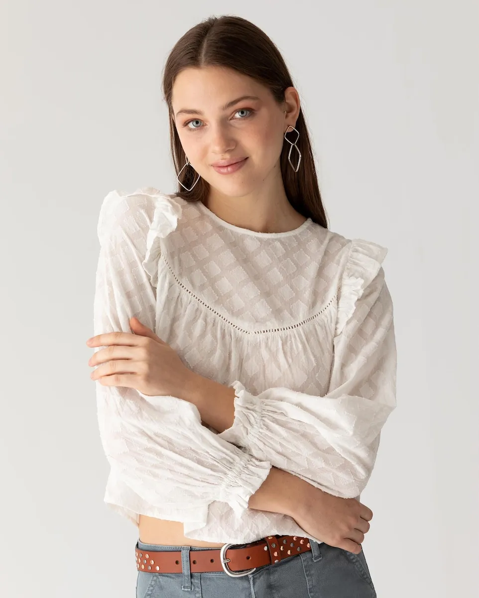 Женская блузка с ромбовидным принтом и воланами Noon, белый
Женская блузка с ромбовидным принтом и воланами Noon, белый