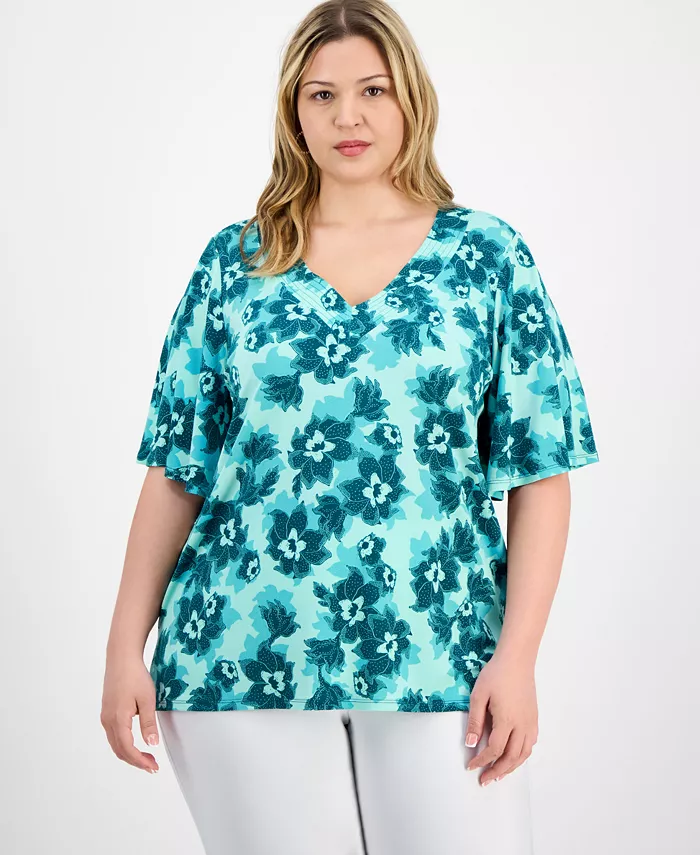 Топ больших размеров с принтом, расклешенными рукавами и V-образным вырезом JM Collection, синий
Топ больших размеров с принтом, расклешенными рукавами и V-образным вырезом JM Collection, синий