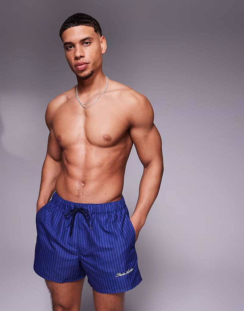 Короткие шорты для плавания ASOS DESIGN в темно-синюю полоску с принтом
Короткие шорты для плавания ASOS DESIGN в темно-синюю полоску с принтом