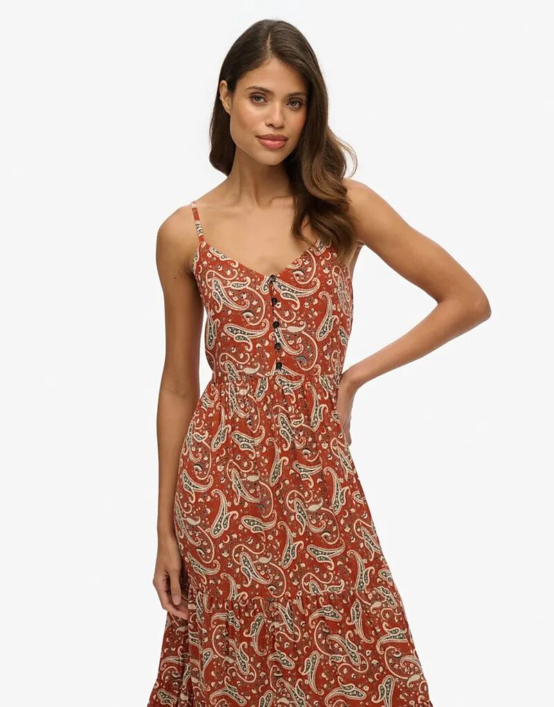 Платье миди Superdry с полукруглой застежкой и многоярусным лифом в стиле бохо-пейсли коричневого цвета 
Платье миди Superdry с полукруглой застежкой и многоярусным лифом в стиле бохо-пейсли коричневого цвета