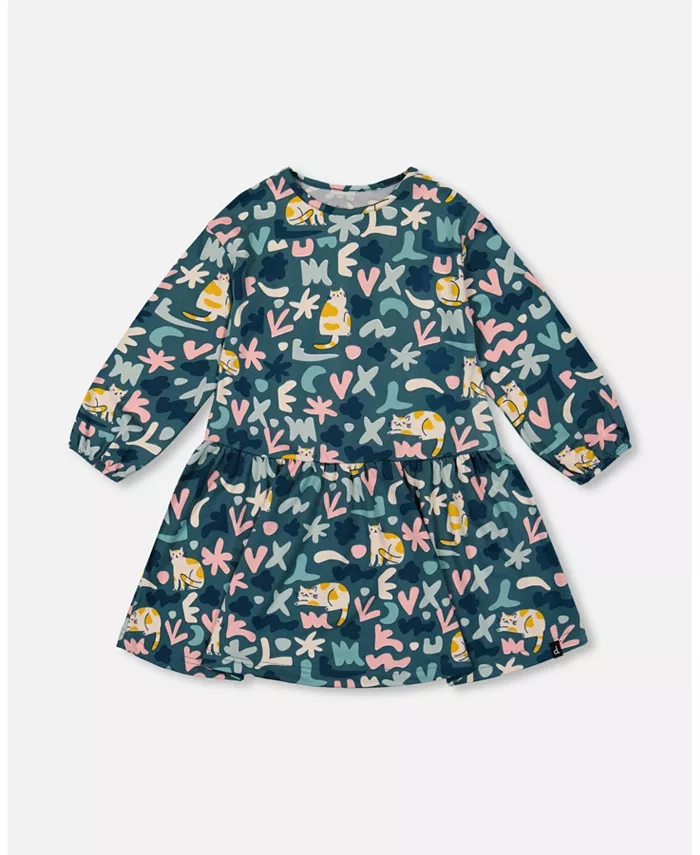 Трикотажное платье для девочек с принтом «Зелёный кот» Deux par Deux, зеленый 
Трикотажное платье для девочек с принтом «Зелёный кот» Deux par Deux, зеленый