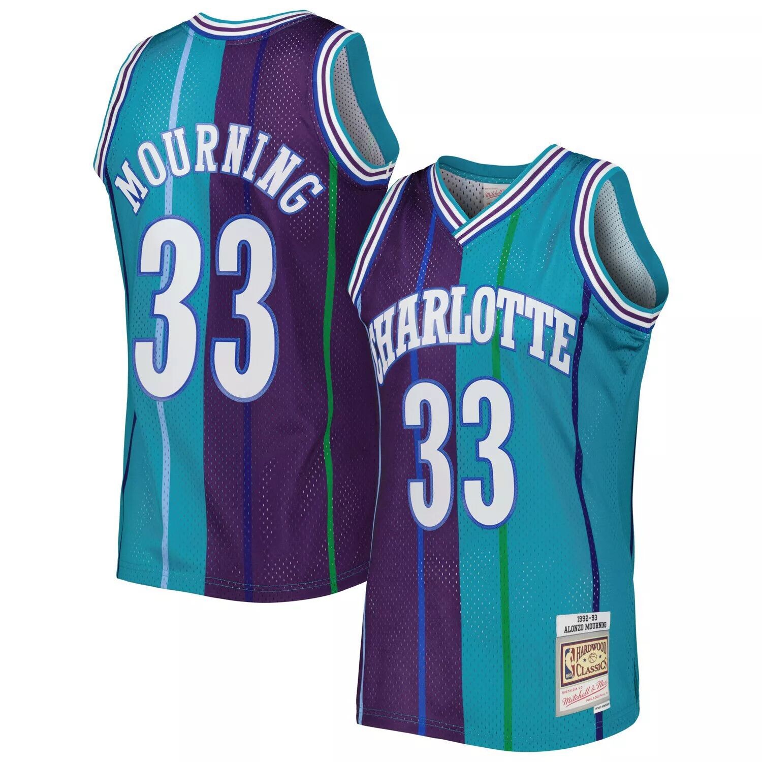 Мужская майка Mitchell & Ness Alonzo Mourning Teal/Purple Charlotte Hornets Hardwood Classics 1992-93 Split Swingman Джерси
Мужская майка Mitchell & Ness Alonzo Mourning Teal/Purple Charlotte Hornets Hardwood Classics 1992-93 Split Swingman Джерси