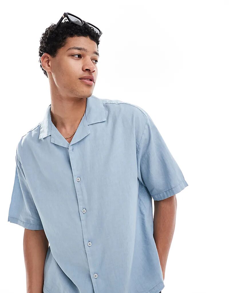 Рубашка с короткими рукавами из льняной смеси Pull&Bear синего цвета 
Рубашка с короткими рукавами из льняной смеси Pull&Bear синего цвета