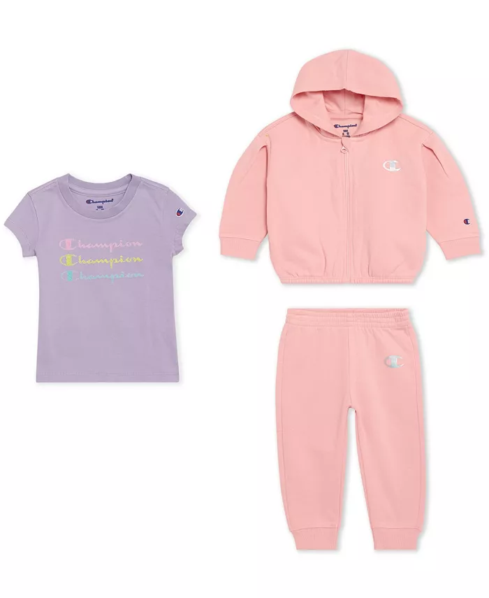 Комплект для девочек из 3 предметов: футболка с коротким рукавом, худи на молнии и джоггеры Champion, розовый
Комплект для девочек из 3 предметов: футболка с коротким рукавом, худи на молнии и джоггеры Champion, розовый