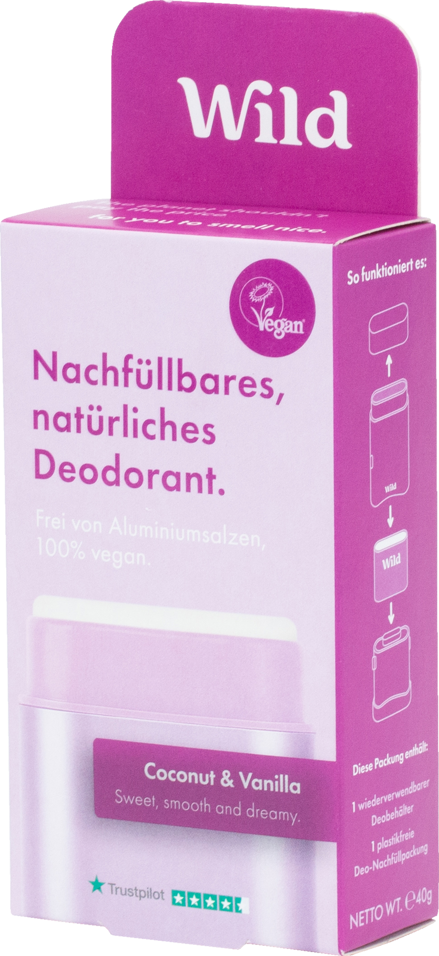 Дезодорант Wild Deo Startpaket: Behälter Lila + Coconut & Vanilla Refill Deo
Дезодорант Wild Deo Startpaket: Behälter Lila + Coconut & Vanilla Refill Deo