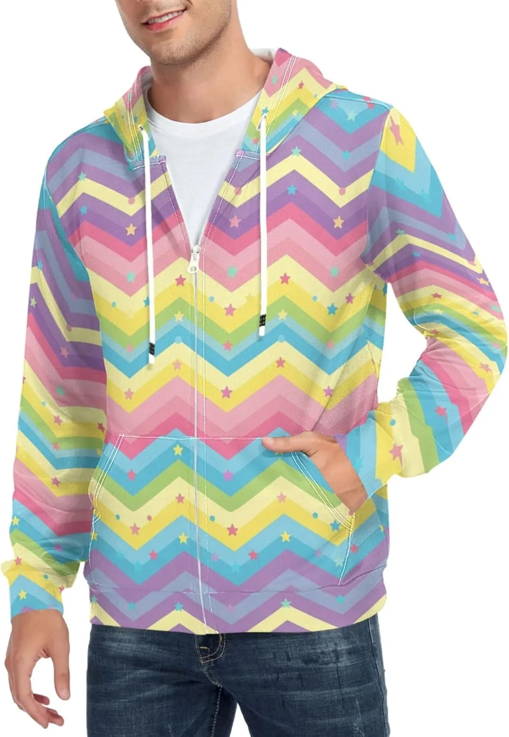 Мужская худи с молнией, разноцветный зигзаг со звездами, с длинными рукавами и карманом CUPADA
Мужская худи с молнией, разноцветный зигзаг со звездами, с длинными рукавами и карманом CUPADA