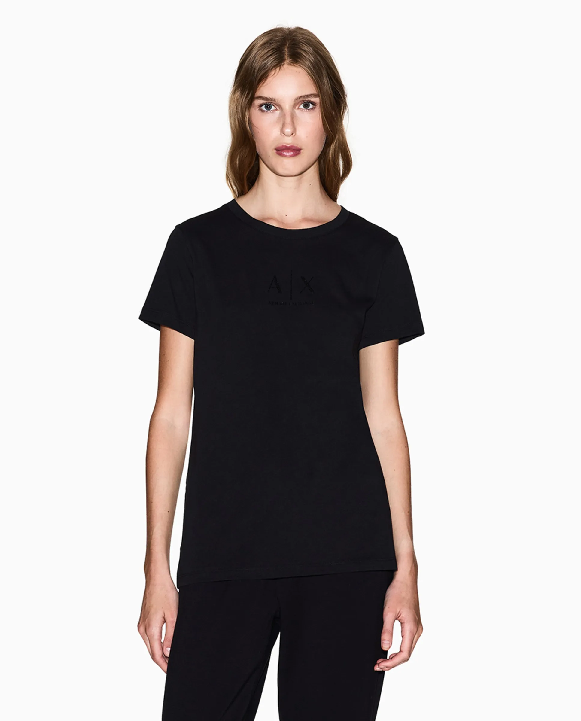 Женская футболка с коротким рукавом и стразовым логотипом Armani Exchange, черный
Женская футболка с коротким рукавом и стразовым логотипом Armani Exchange, черный