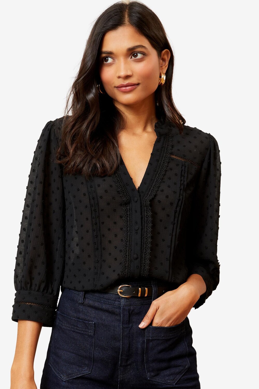 Блузка с рукавами 3/4, застегивающаяся на пуговицы, с кружевной отделкой в горошек от Dobby Love & Roses, черный
Блузка с рукавами 3/4, застегивающаяся на пуговицы, с кружевной отделкой в горошек от Dobby Love & Roses, черный